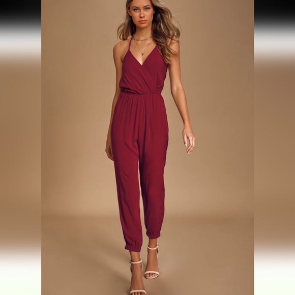 Lulu's Learning to Fly Burgundy Halter Jumpsuit/ M - Picture 3 of 12